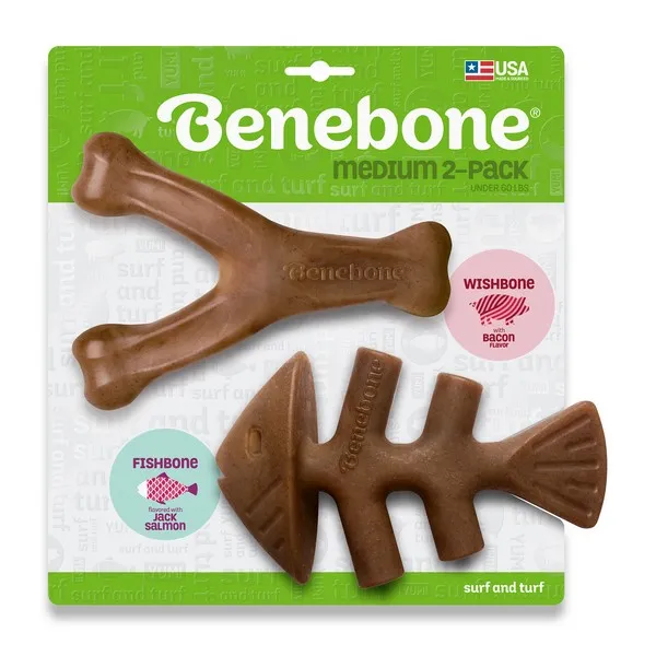 1ea Benebone 2 Pack Fishbone/Wishbone Bacon Medium - Treats